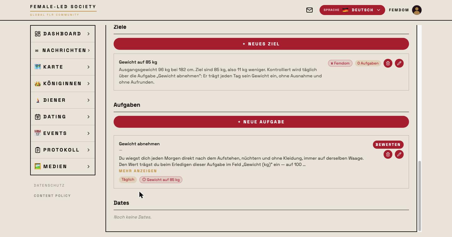 Angelegte Aufgabe auf dem Profil des Dieners