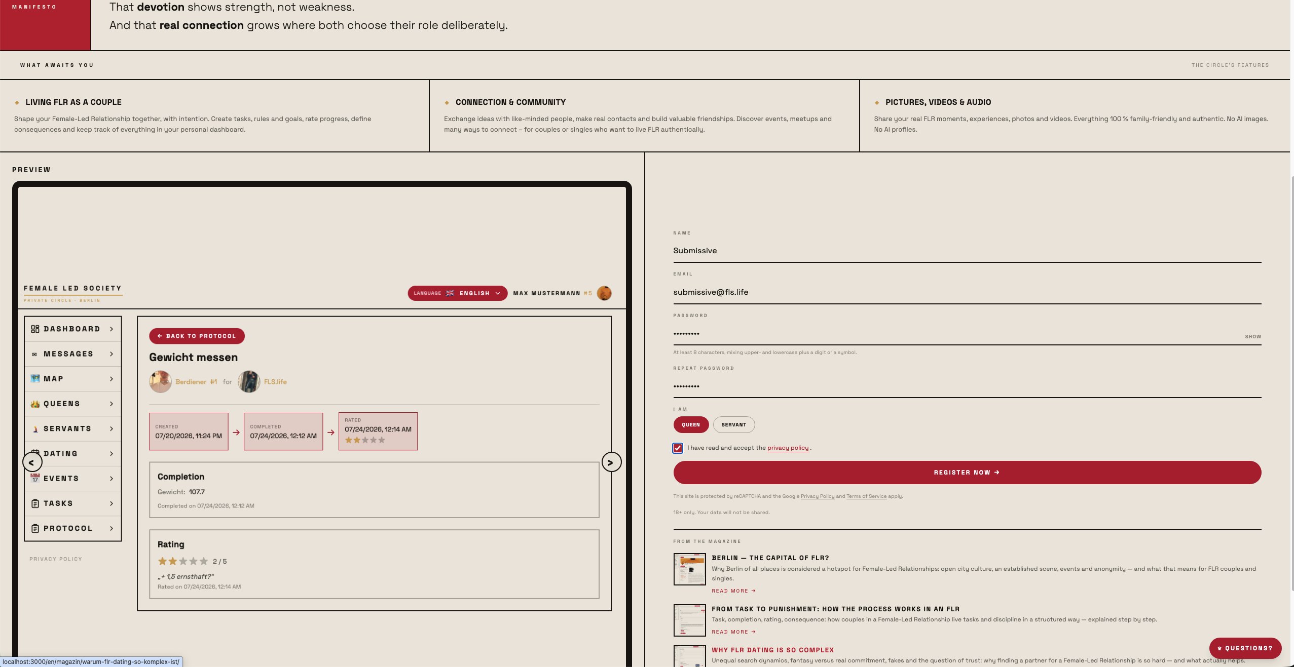 Registrierungsformular auf der Startseite